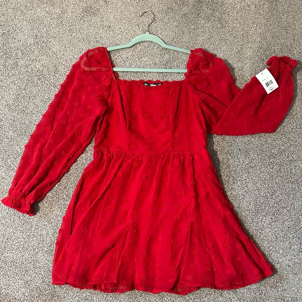 Midnight doll red sheer long sleeve dress with polka dot detail. NWT. Size L